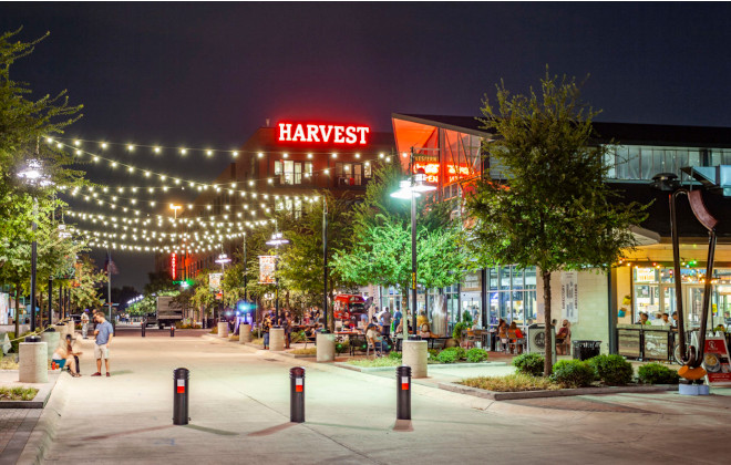 RLG Dallas Farmers Market - Harvest Lofts at Night with string lights